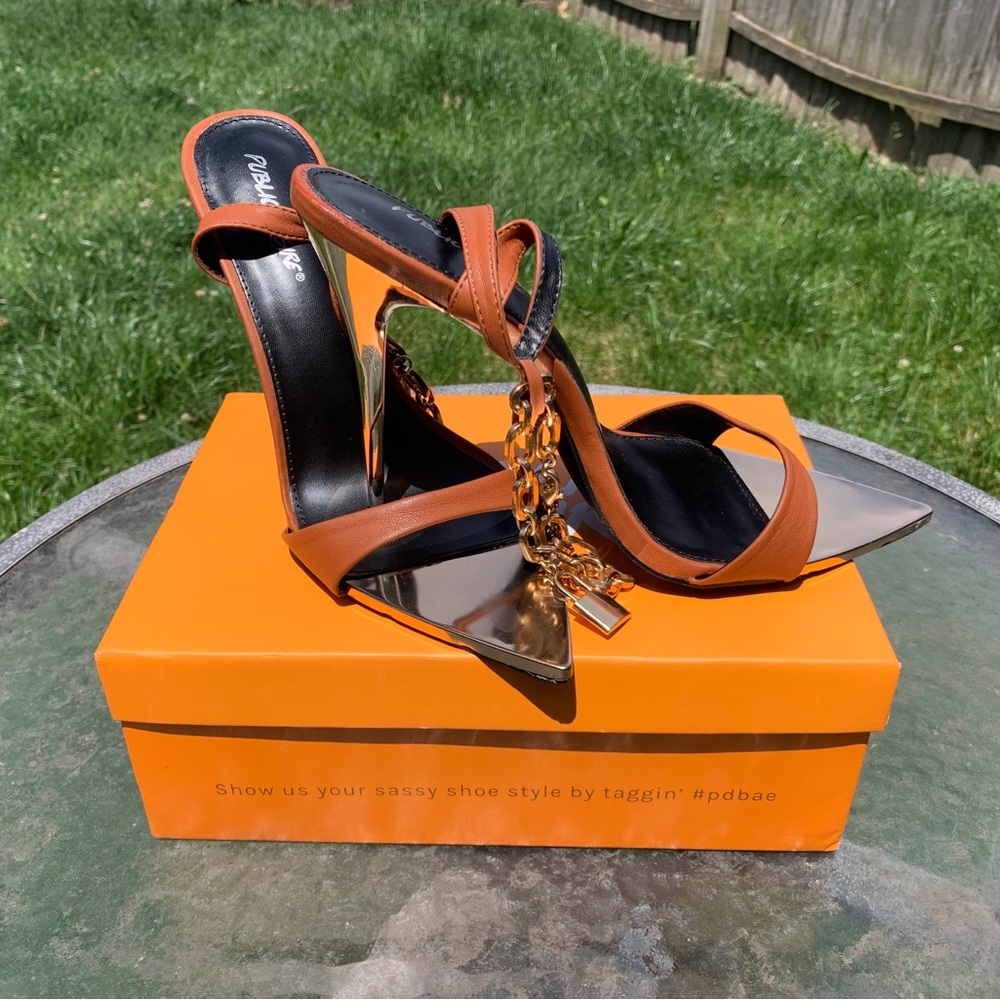 Stylish Brown Chain-Accent Stiletto Sandals - Women's